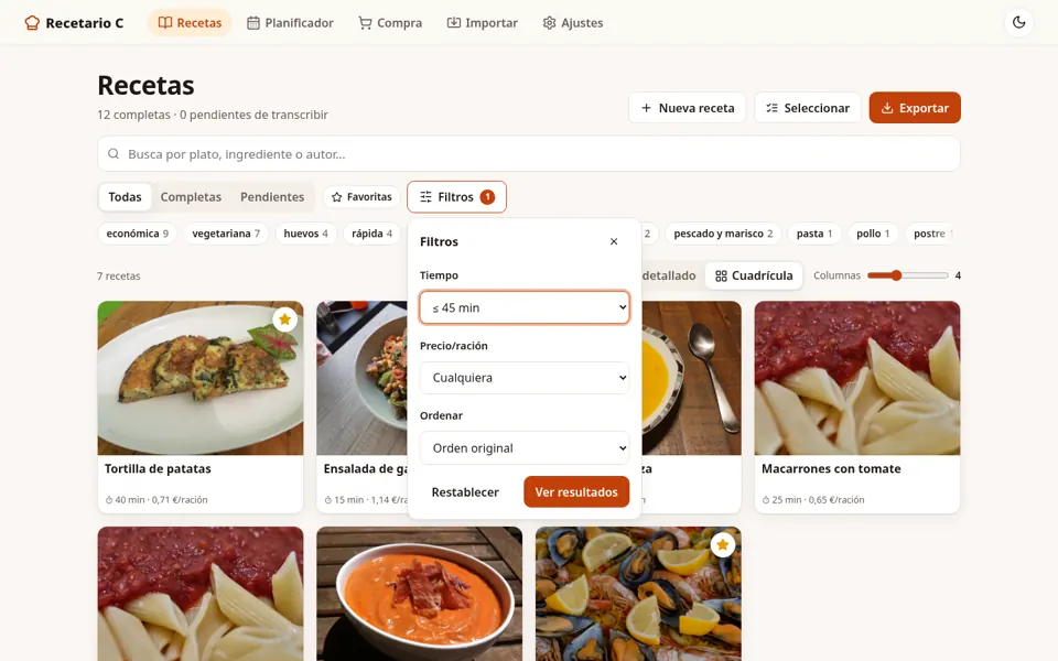 Filtros por tiempo y precio