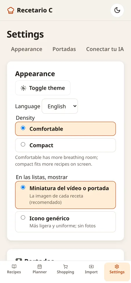 Settings: theme, language and list density
