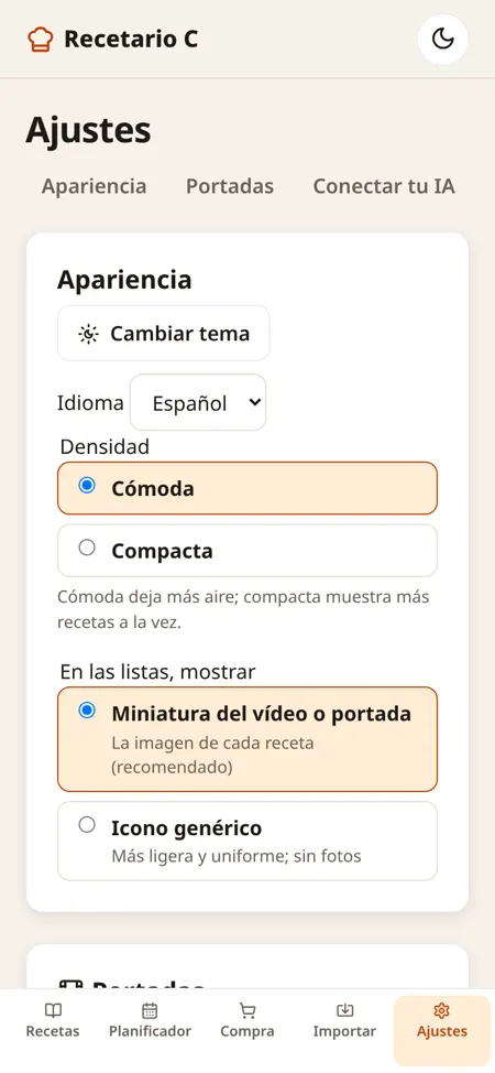 Ajustes: tema, idioma y densidad de la lista