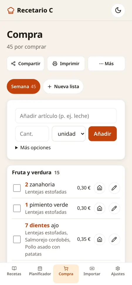 Lista de la compra en el móvil, agrupada por pasillos