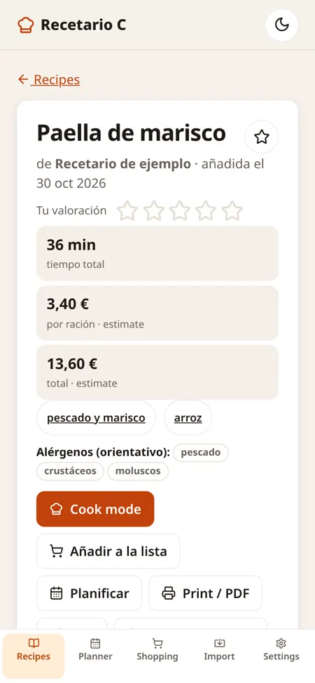 Paella detail on mobile: time, price per serving and allergens