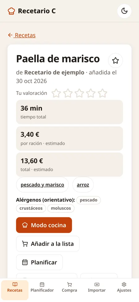 Detalle de la paella en el móvil: tiempo, precio por ración y alérgenos