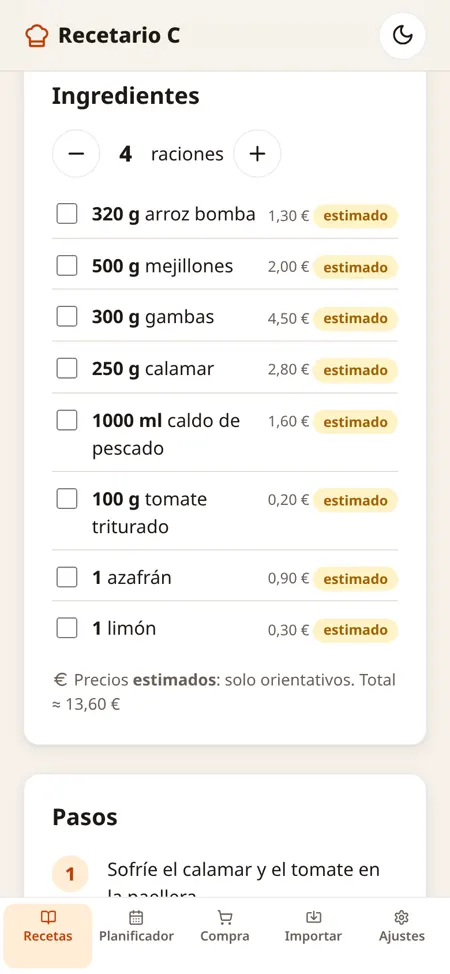 Ingredientes con selector de raciones y precio estimado de cada uno