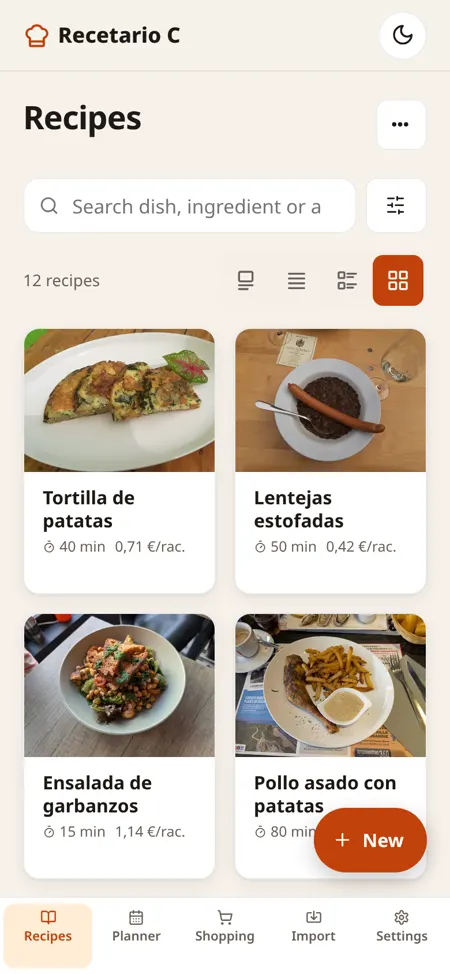 Recipes on mobile: photo grid, search and filters