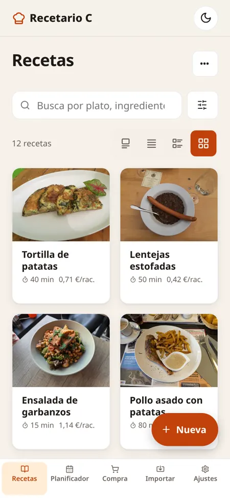 Recetas en el móvil: cuadrícula con fotos, búsqueda y filtros