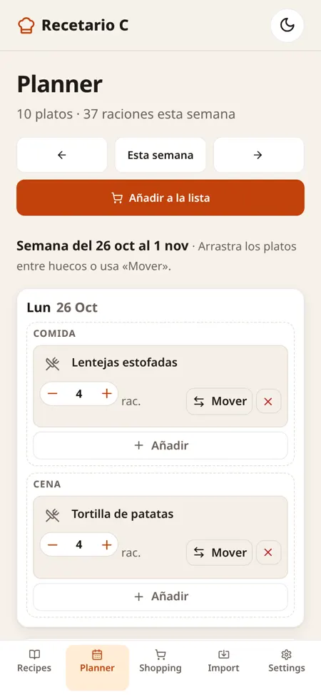 Weekly planner on mobile: lunch and dinner for each day