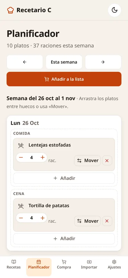 Planificador semanal en el móvil: comida y cena de cada día